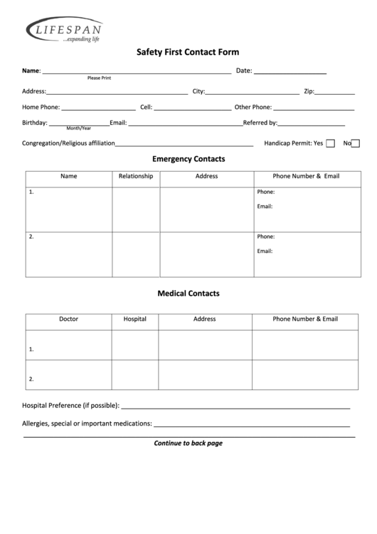 Safety First Contact Form Printable pdf