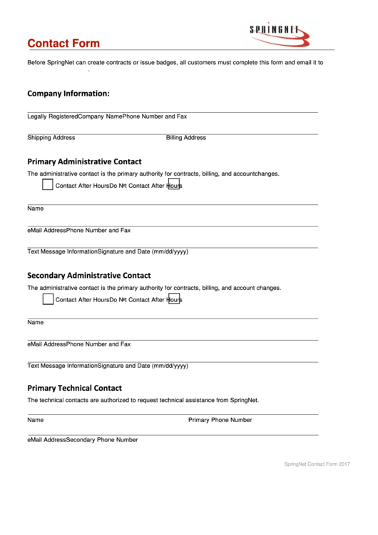 Fillable Springnet Customer Contact Form Printable pdf