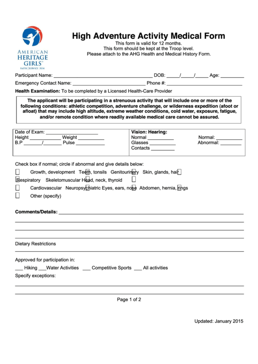 High Adventure Activity Medical Form Printable pdf