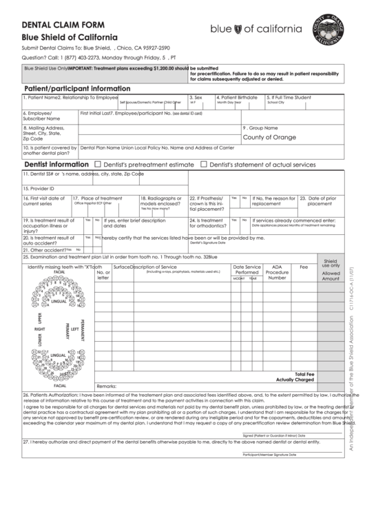 Dental Claim Form - Blue Shield Of California Printable pdf