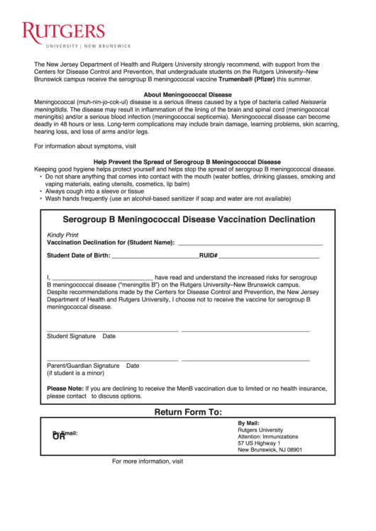 Menb Vaccination Declination Form Printable pdf