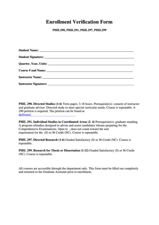 Enrollment Verification Form Printable pdf