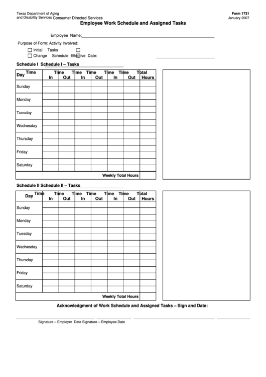 Form 1731 Employee Work Schedule And Assigned Tasks Printable pdf