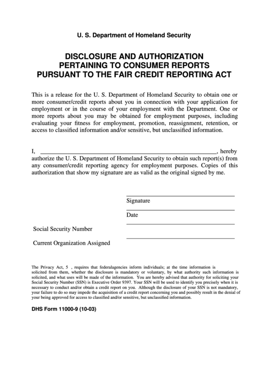 Dhs Form 11000-9 - Disclosure And Authorization Pertaining To Consumer Reports Printable pdf