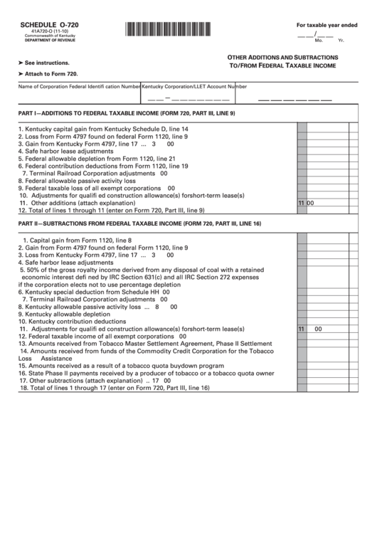Schedule O-720 (41a720-O) - Other Additions And Subtractions To/from Federal Taxable Income - 2010 Printable pdf