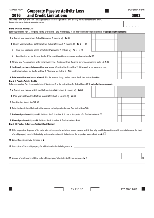 Fillable California Form 3802 - Corporate Passive Activity Loss And Credit Limitations - 2016 Printable pdf