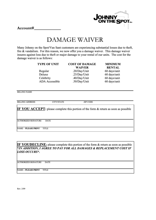 Fillable Damage Waiver Printable pdf