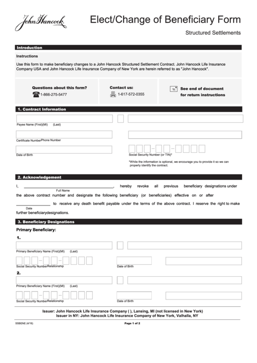 Fillable Elect/change Of Beneficiary Form Printable pdf