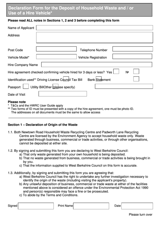 Fillable Declaration Form For The Deposit Of Household Waste And/or Use Of A Hire Vehicle Printable pdf