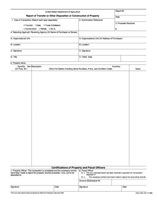 Form Ad-107 - Report Of Transfer Or Other Disposition Or Construction Of Property