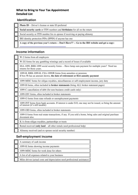 Tax Form Checklist Printable pdf