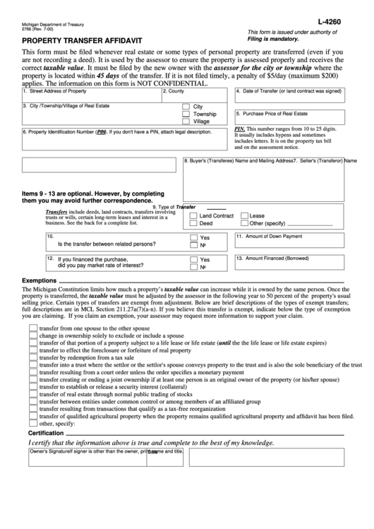 Fillable Form 2766 (L-4260) - Property Transfer Affidavit - 2000 Printable pdf
