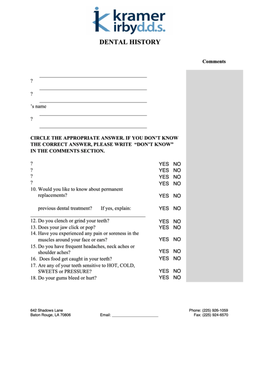 Dental History Form Printable pdf