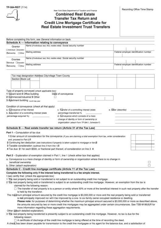 Fillable Tp-584-Reit 2014 Transfer Tax Return And Credit Line Mortgage Certifcate Printable pdf