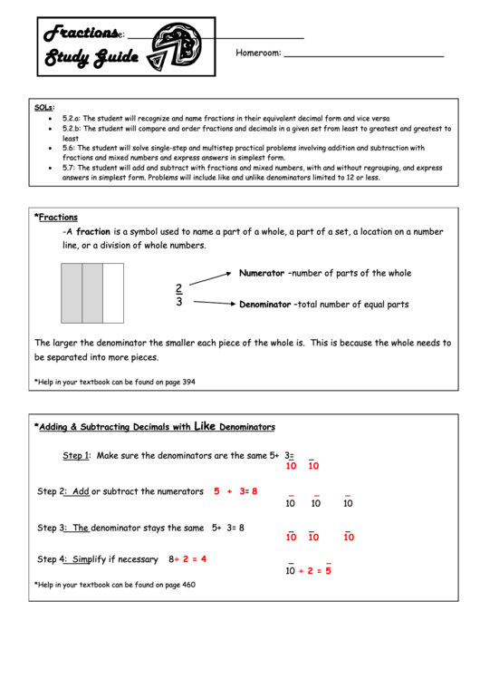 Fractions Study Guide Worksheet Template Printable pdf