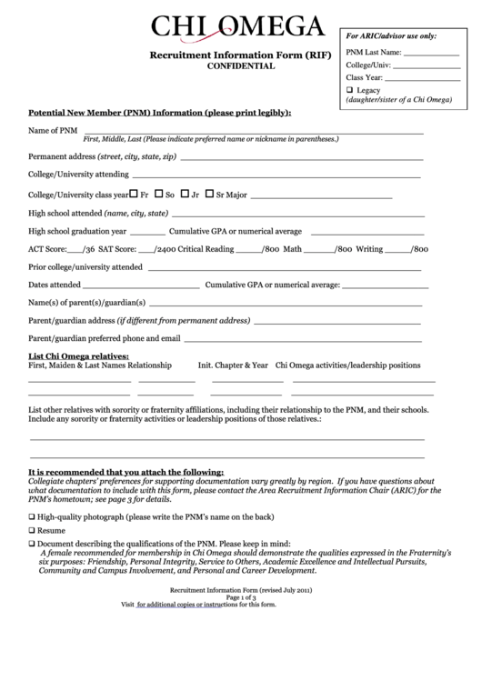 Chi Omega Recruitment Information Form (rif)