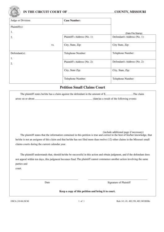 Fillable Petition Small Claims Court Printable pdf