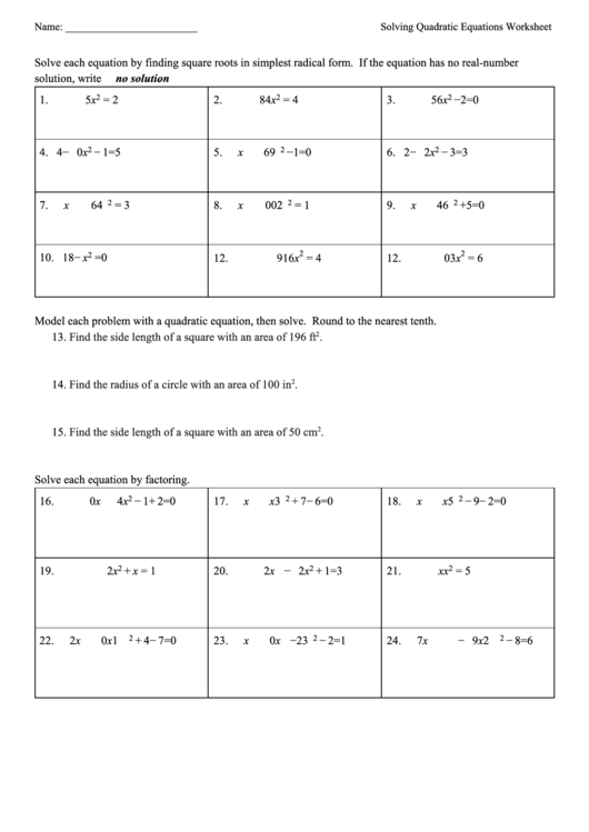 Solving Quadratic Equations Worksheet Printable pdf