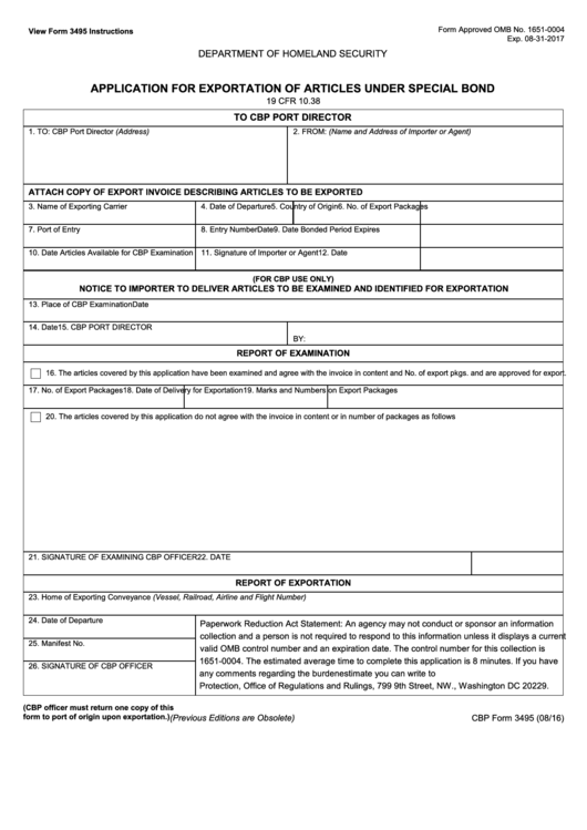 Fillable Cbp Form 3495 - Application For Exportation Of Articles Under Special Bond Printable pdf