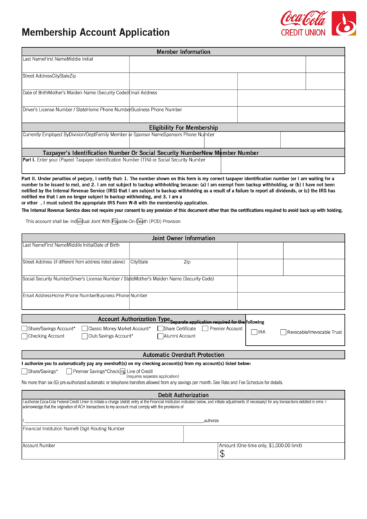 Membership Account Application Printable pdf