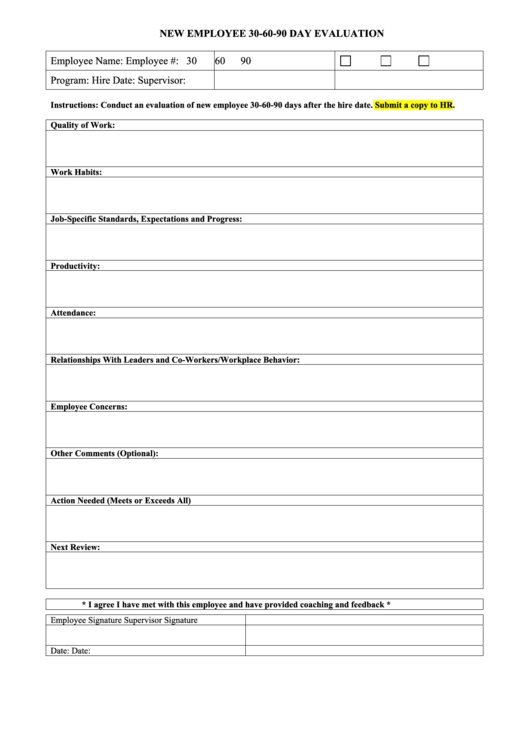 New Employee 30-60-90 Day Evaluation Form Printable pdf