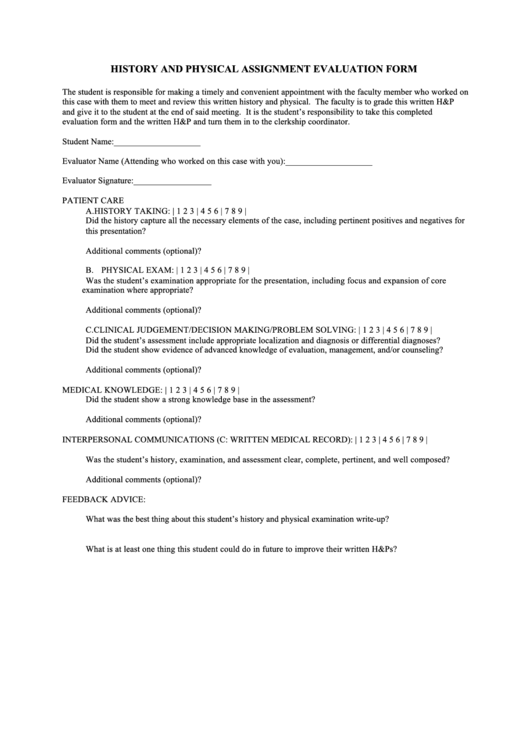 History And Physical Assignment Evaluation Form Printable pdf