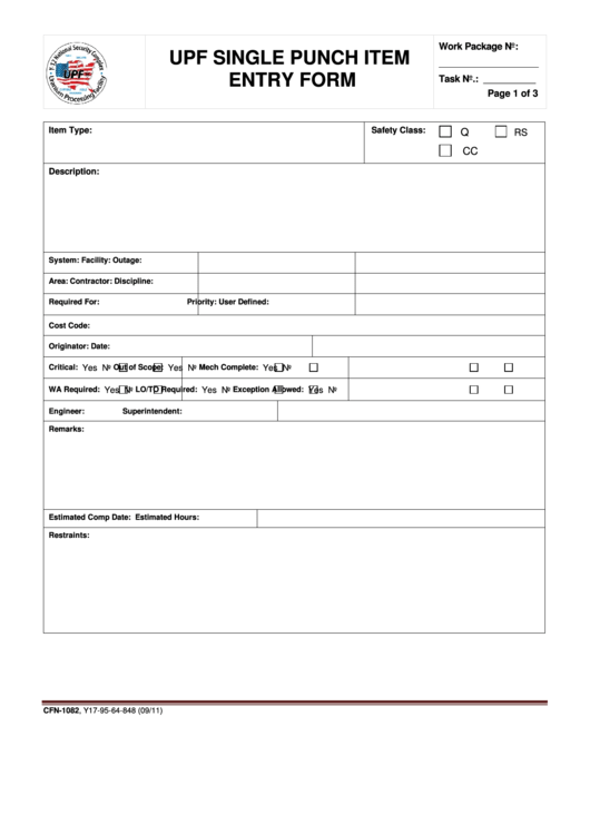 Cfn-1082 Upf Single Punch Item Entry Form Printable pdf