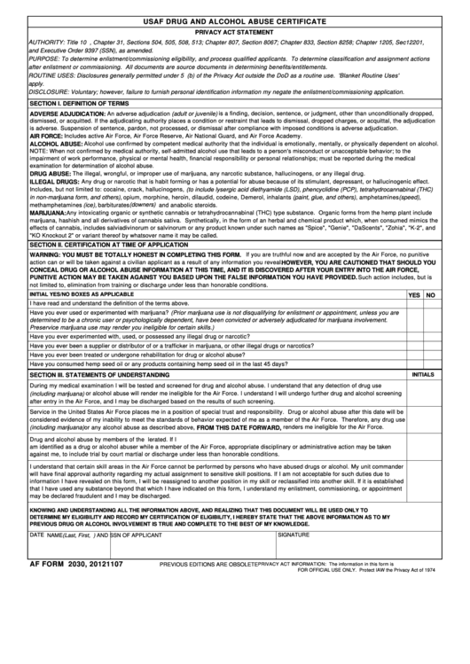 Af Form 2030 Usaf Drug And Alcohol Abuse Certificate Printable pdf