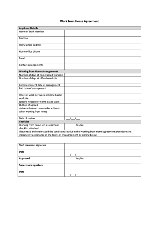 Work From Home Agreement Printable pdf