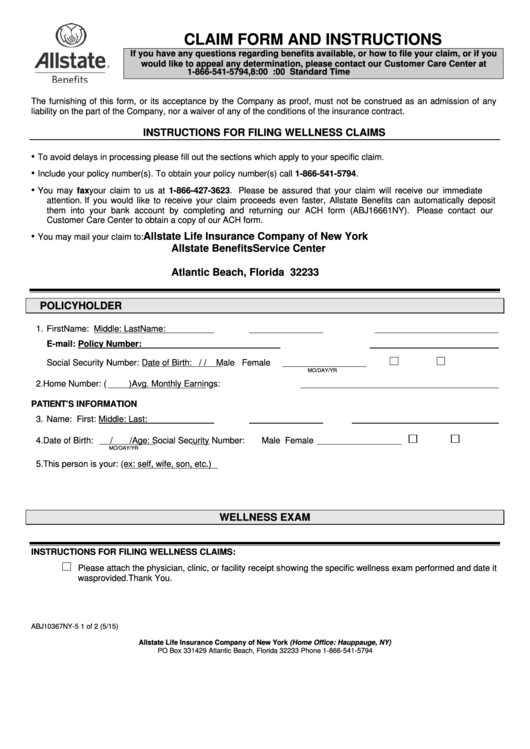 Form Abj10367ny-5 - Wellness Claim Form - 2015 Printable pdf
