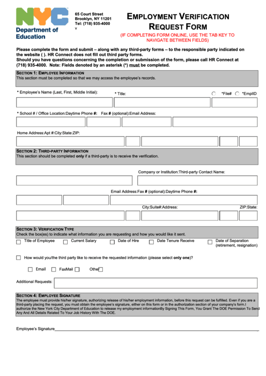 Fillable Employment Verification Request Form Printable pdf