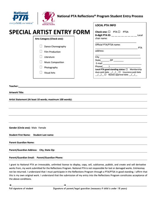 Special Artist Entry Form Printable pdf