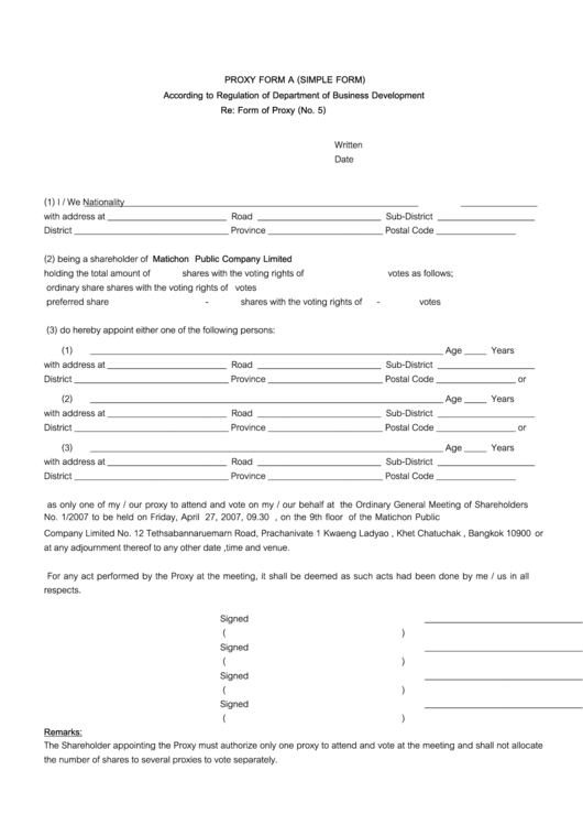 Proxy Form A Simple Form Printable Pdf Download