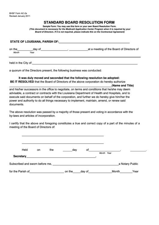 Bhsf Form Ac-2a Standard Board Resolution Form