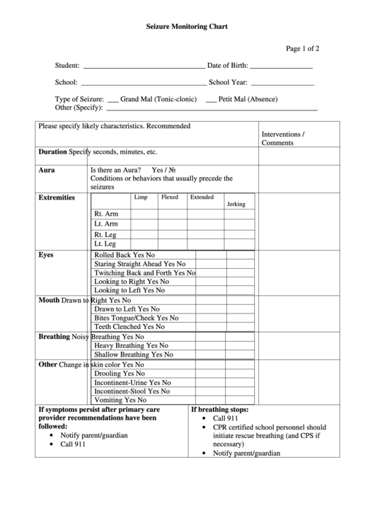 Seizure Monitoring Chart printable pdf download