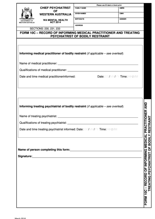 Form 10c - Office Of The Chief Psychiatrist Of Western Australia - Record Of Informing Medical Practitioner And Treating Psychiatrist Of Bodily Restraint Printable pdf