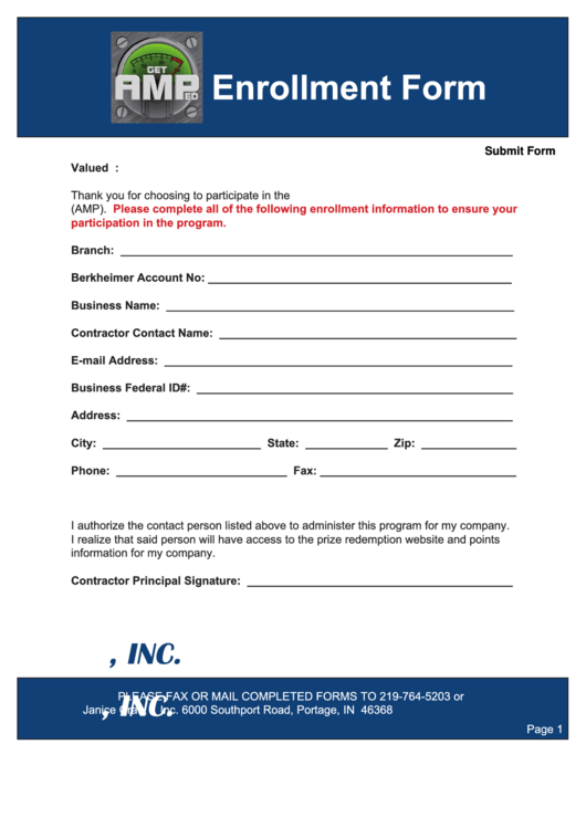 Enrollment Form - Gw Berkheimer Printable pdf