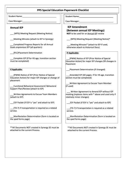 Pps Special Education Paperwork Checklist Printable pdf