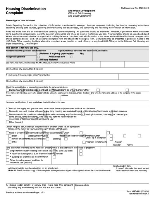 Form Hud-903 - Housing Discrimination Complaint Form - U.s. Department Of Housing And Urban Development