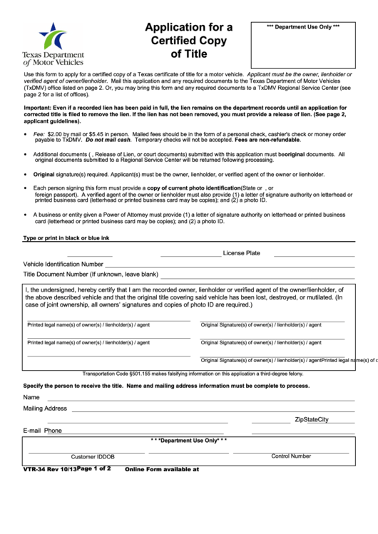 Form Vtr-34 - Application For A Certified Copy Of Title