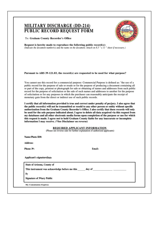 Military Discharge (dd-214) Public Record Request Form - Graham County
