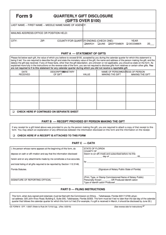 Fillable Form 9 Quarterly Gift Disclosure Printable pdf