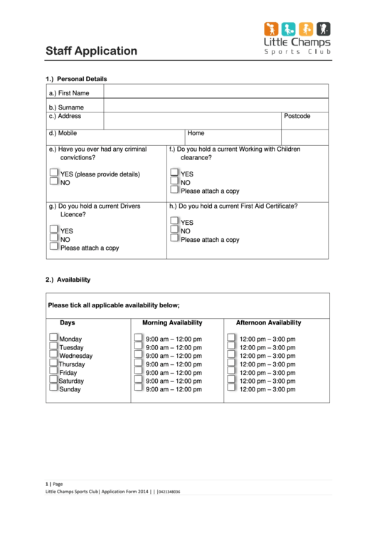 Little Champs Sports Club Staff Application Form Printable Pdf Download
