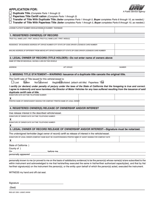 Fillable Form Reg 227 - Application For Duplicate Or Paperless Title Printable pdf