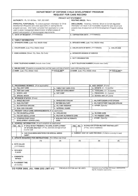 Department Of Defense Child Development Program Request For Care Record Dd Form 2606 (Jul 1998) Printable pdf
