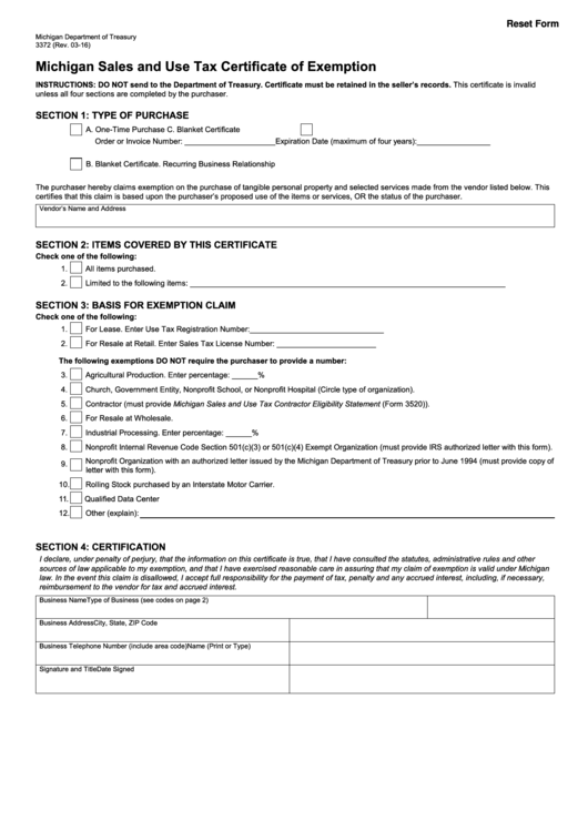 Fillable Form 3372 Michigan Sales And Use Tax