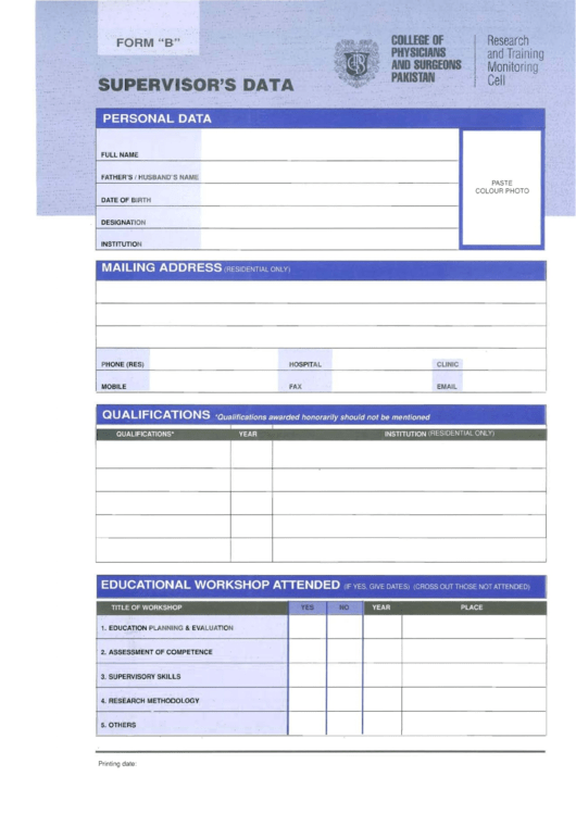 Supervisor's Data - Cpsp Form B
