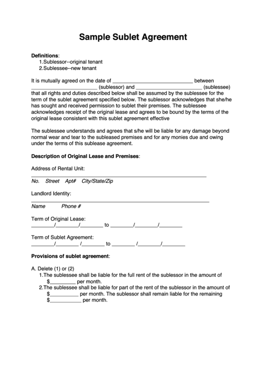 Sample Sublet Agreement Printable pdf