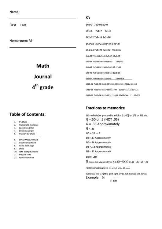 4th Grade Math Journal Template Printable pdf
