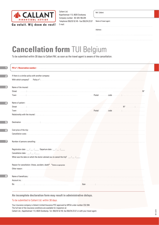 Cancellation Form Tui Belgium Printable pdf